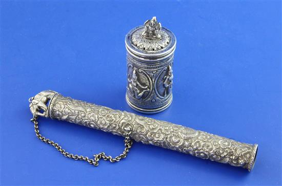 A 19th century Indian silver cylindrical pounce pot and an Indian silver tubular case with lid and suspended hook, 3 oz.